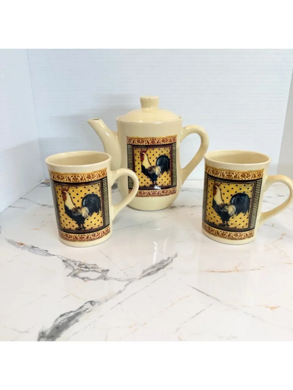 VTG Bay Island Inc Rooster Ceramic Teapot & Mugs 3-Piece Set Farmhouse Decor